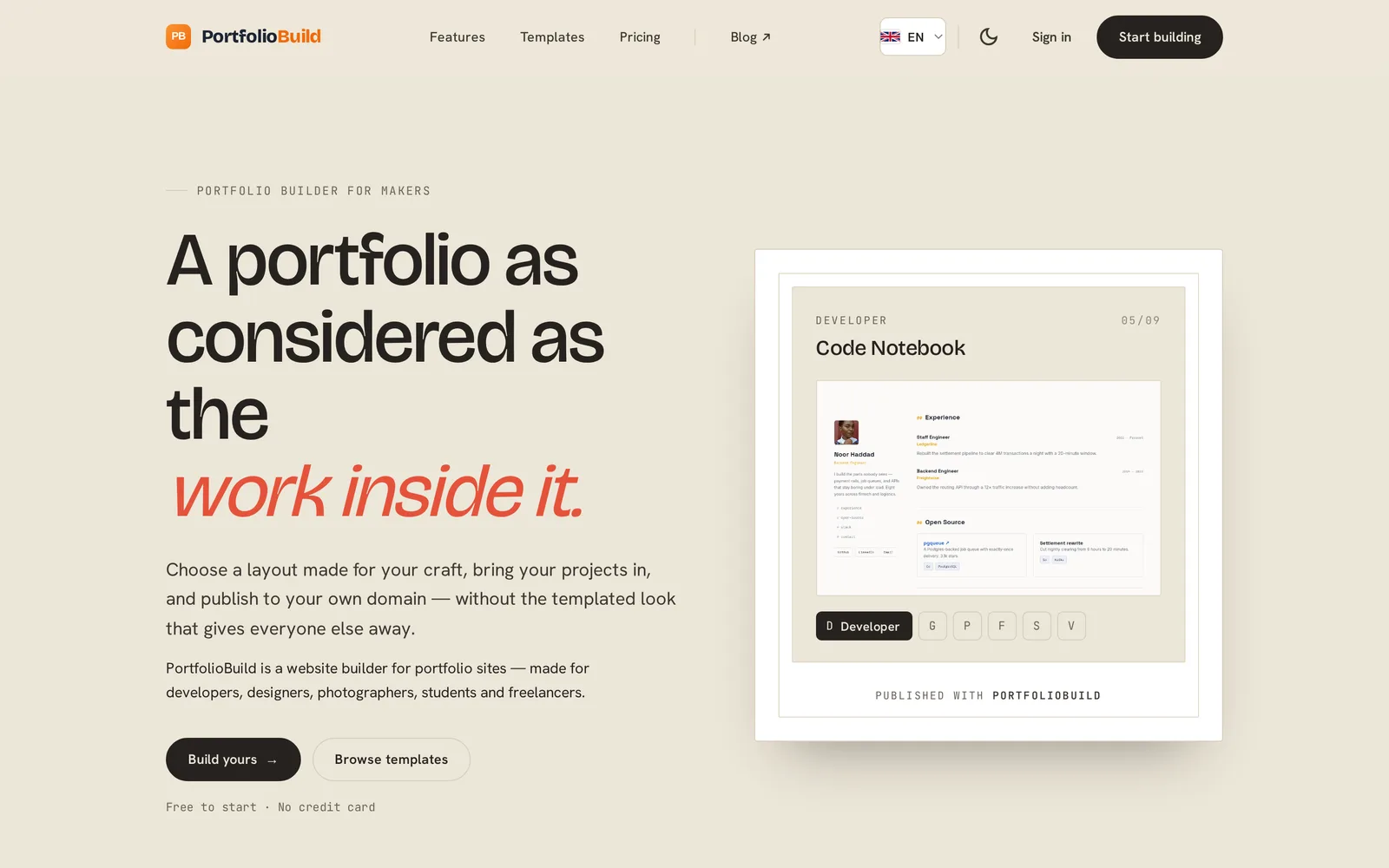 The PortfolioBuild home page: a portfolio site builder, with a template preview.